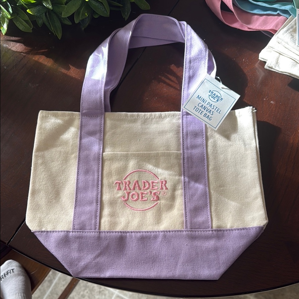 pastel trader joe’s mini tote in purple